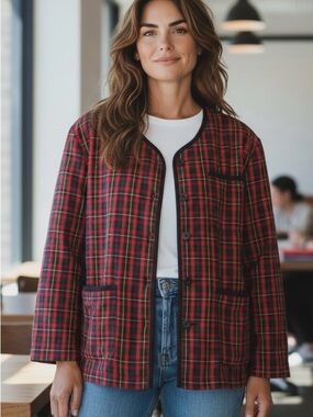 Esprit Red Plaid Vintage Jacket Size Medium Made in Hong Kong Front Buttons